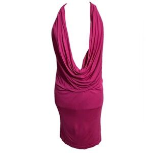 Bebe Deep Plunge Bodycon Hot Pink Halter Low Cut Dress Size Medium